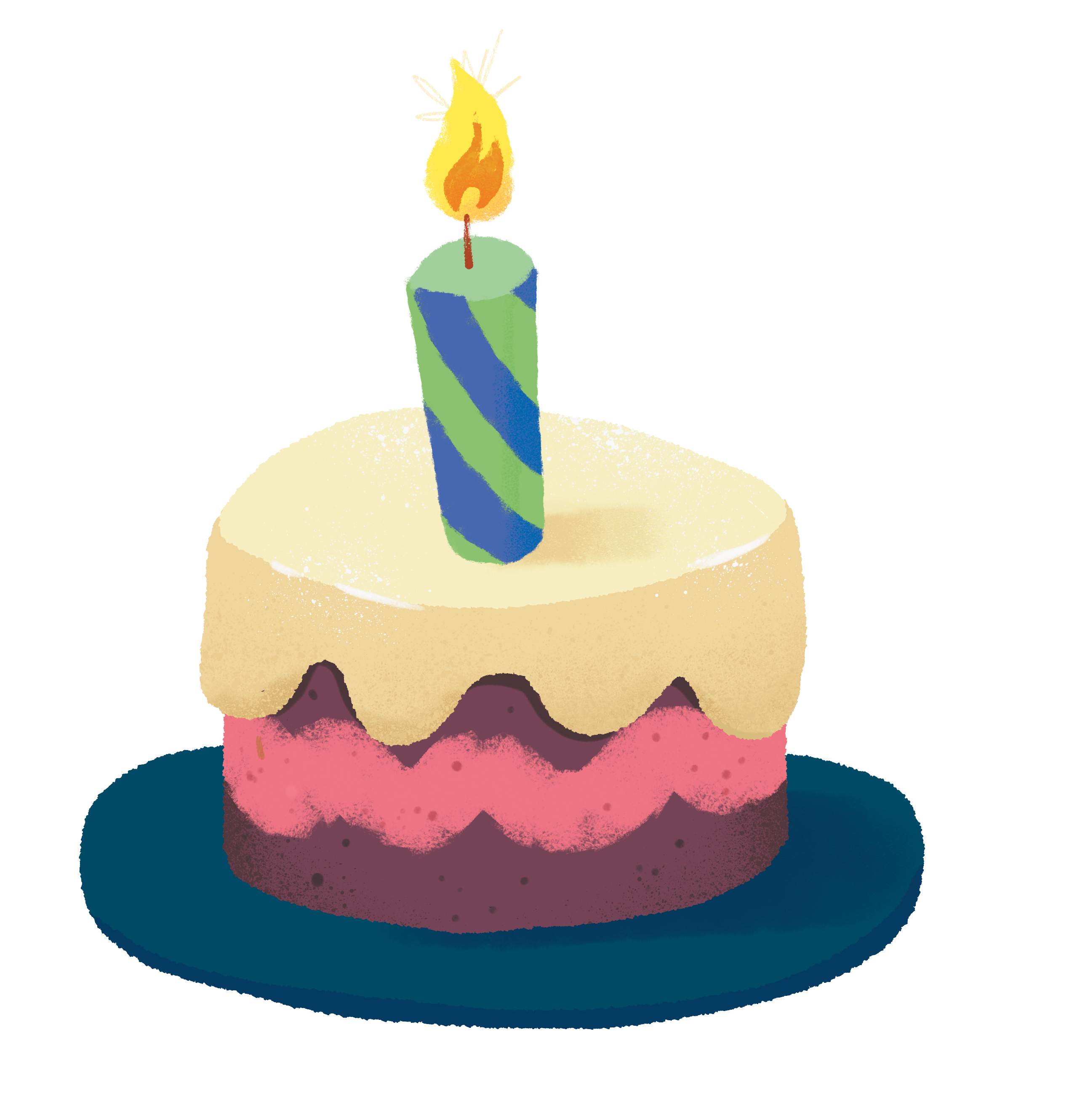 Um bolo de aniversário colorido com três camadas e uma vela listrada acesa no topo. A base é azul escura, o bolo tem tons de rosa e amarelo.