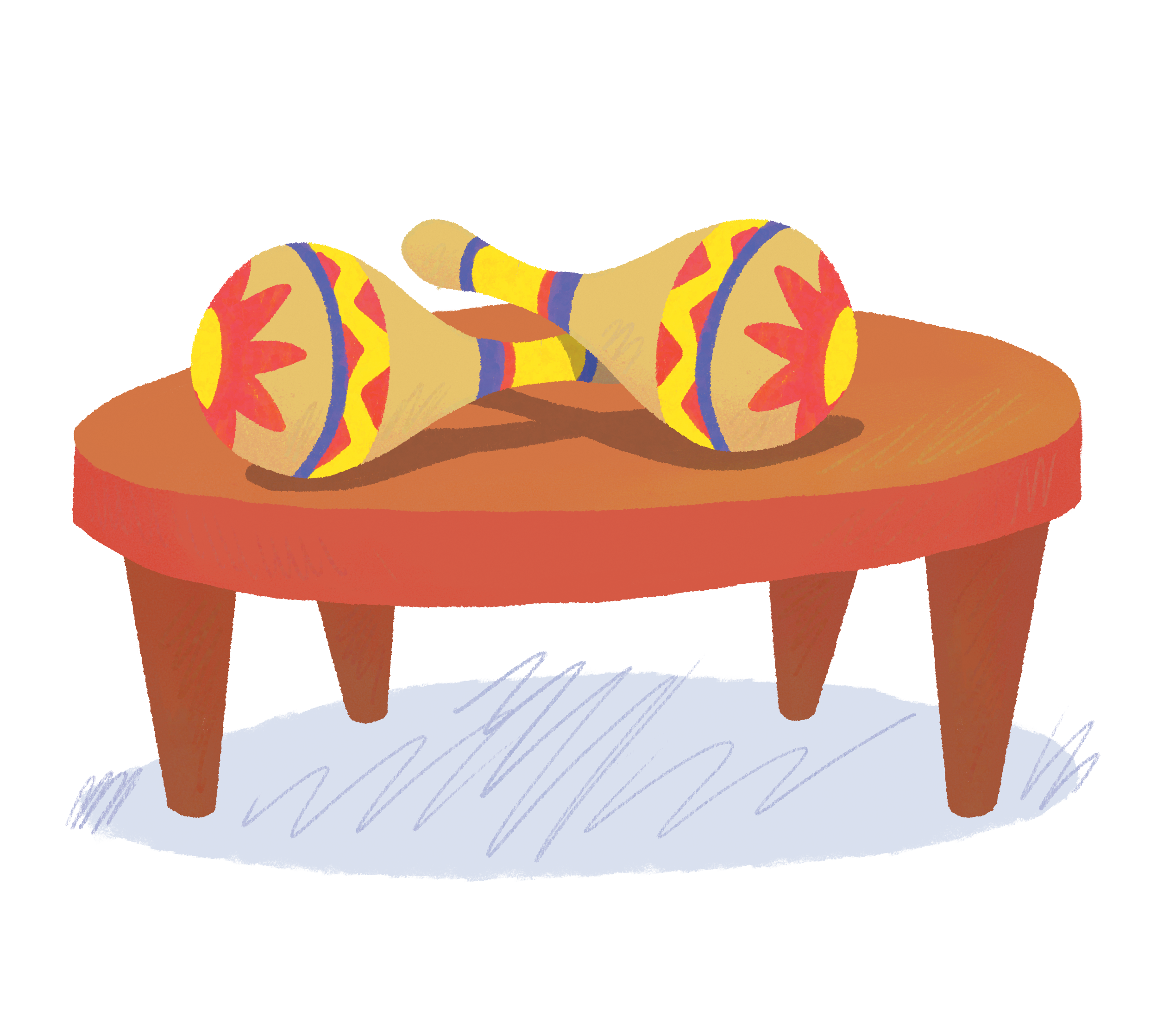 Maracas coloridas com padrões geométricos repousam sobre uma mesinha de madeira vermelha com três pernas.