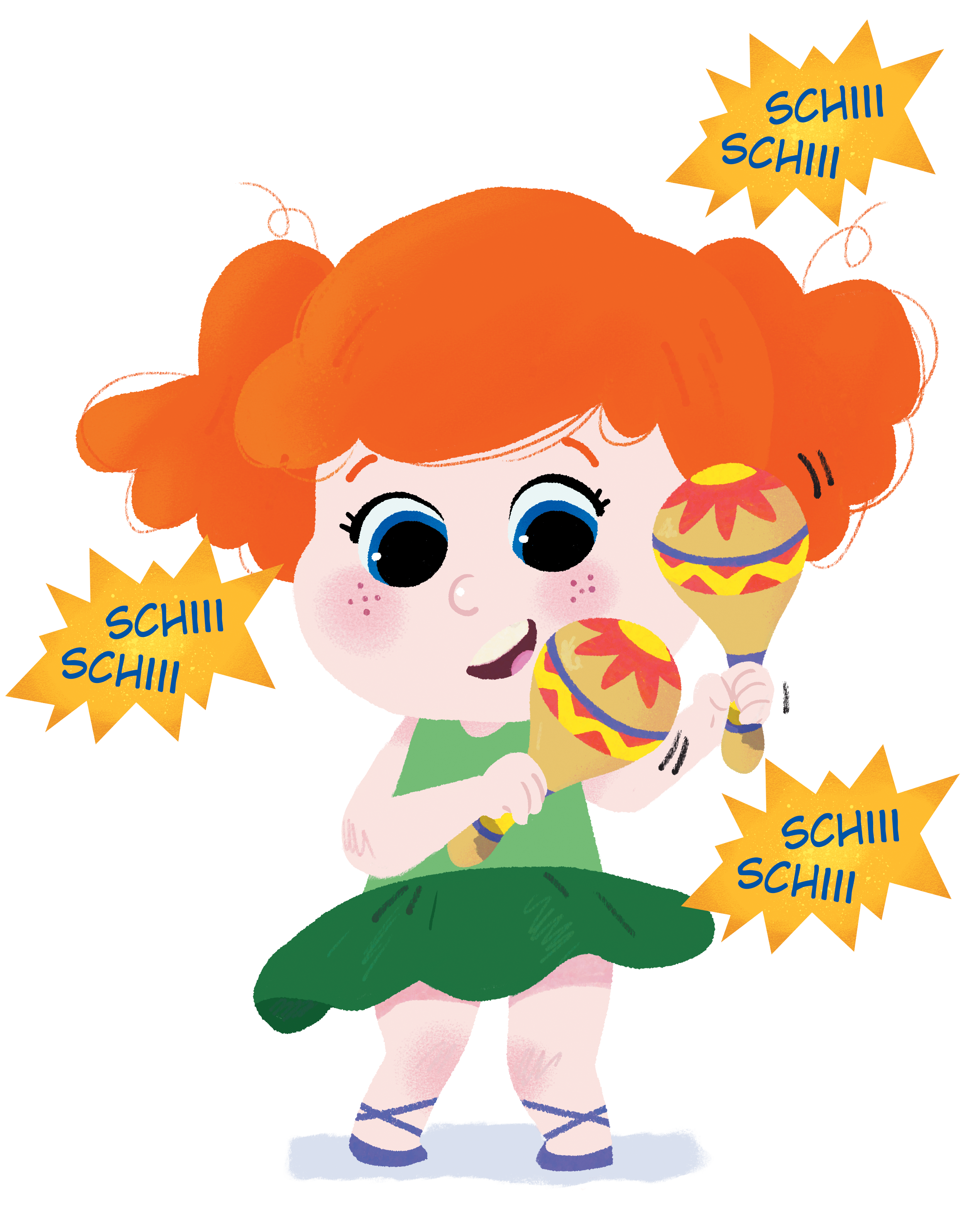 Menina ruiva de vestido verde sacode maracas alegremente. Balões amarelos ao redor mostram o som "SCHIII SCHIII".