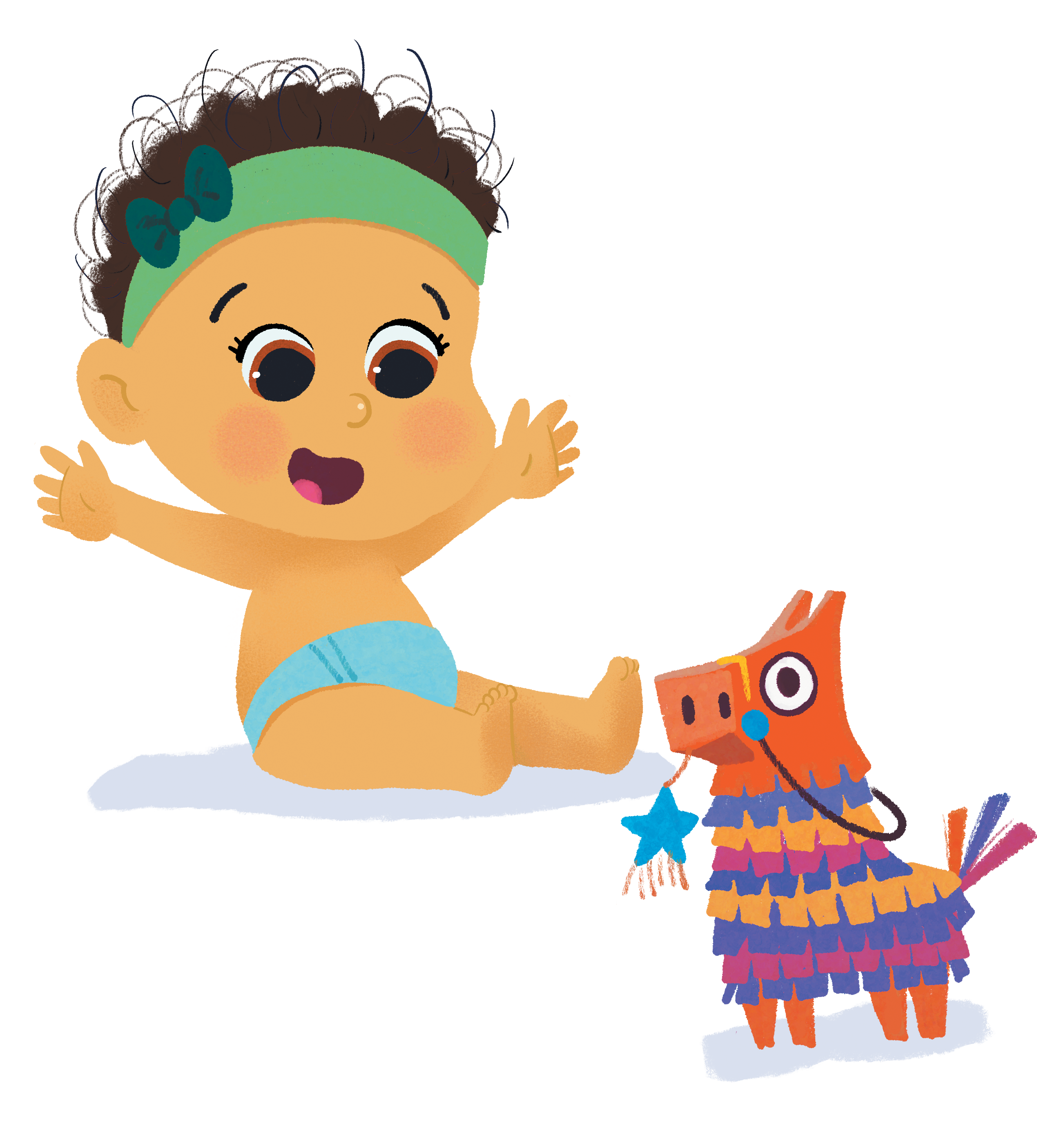 Bebê chorando com faixa verde no cabelo, sentado ao lado de pinhatas coloridas em forma de burro quebradas em duas metades.