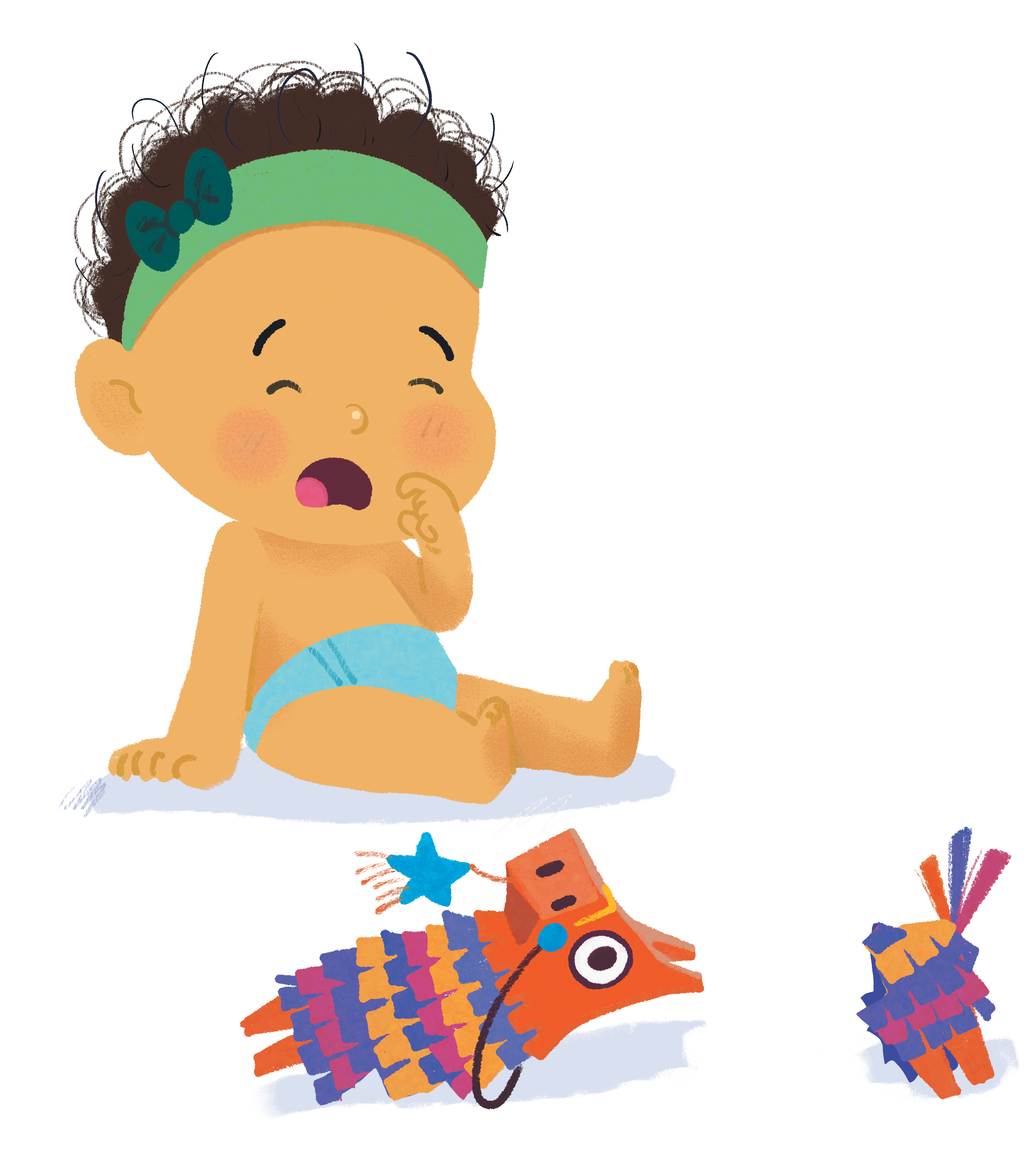 Bebê animado, braços erguidos, ao lado de pinhata de burro colorida que foi consertada. Ele usa faixa verde no cabelo cacheado.