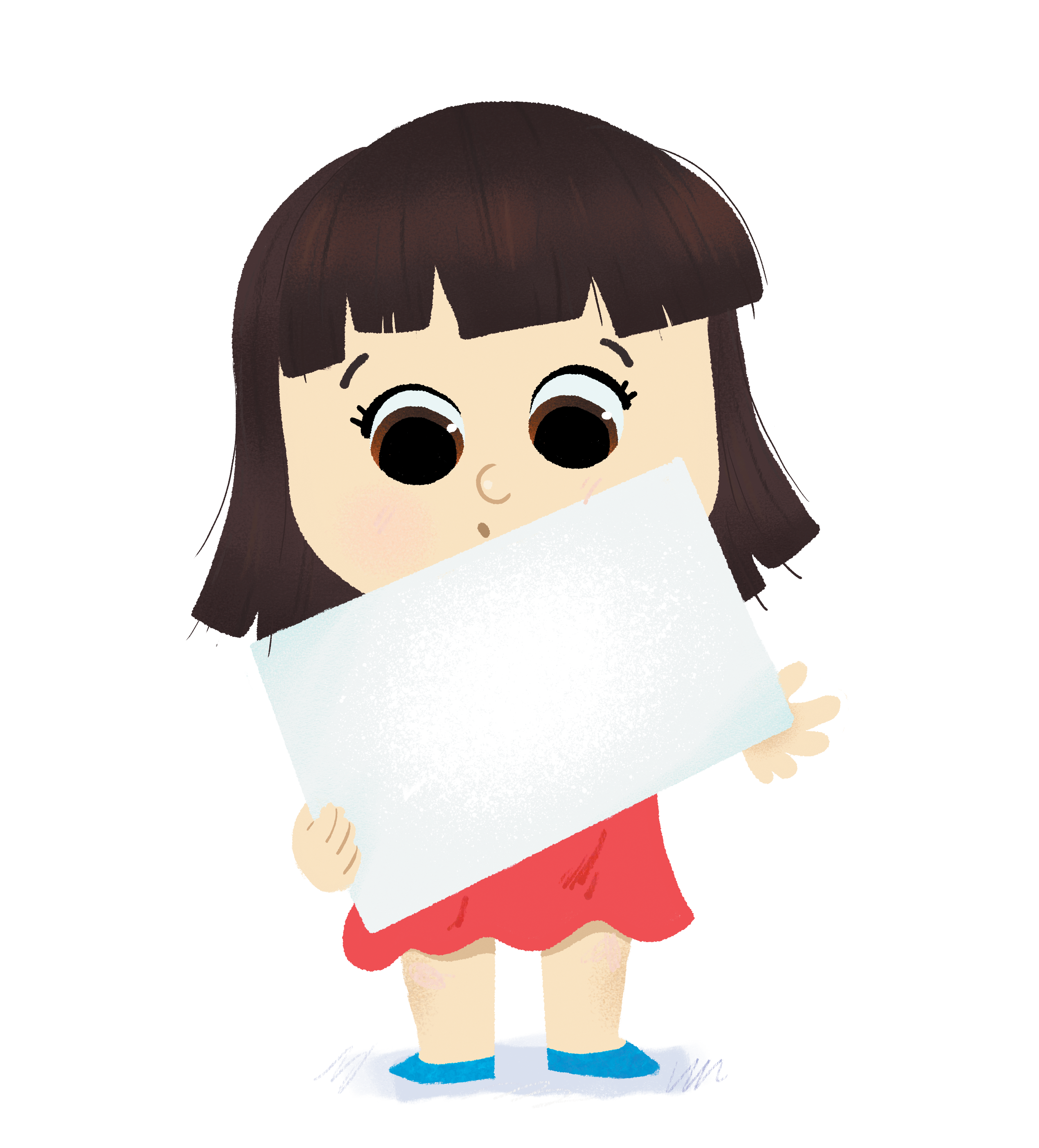 Menina de cabelo preto segura folha em branco, olhos arregalados de curiosidade. Veste vestido vermelho e sapatos azuis.