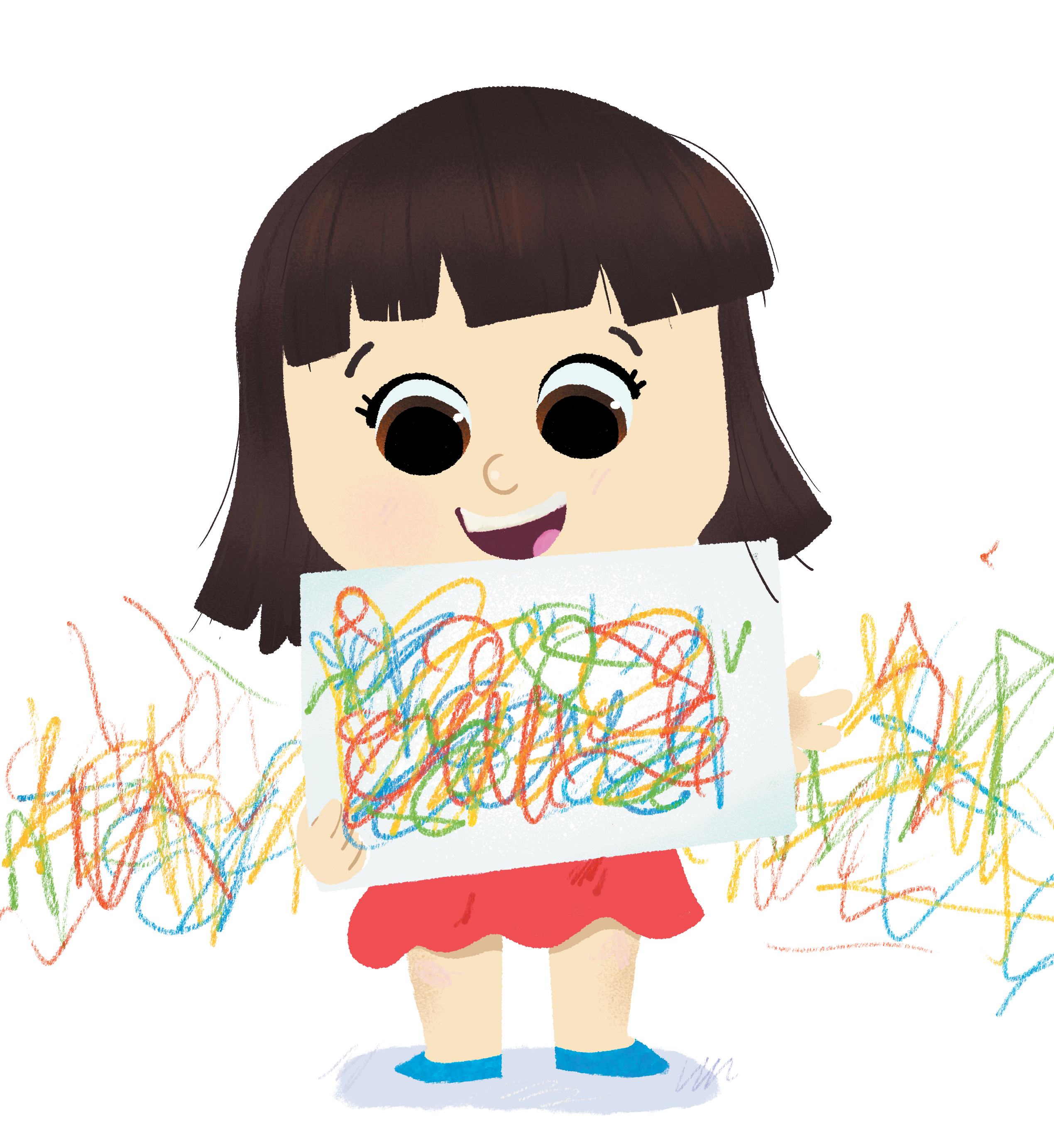 Menina sorridente mostra folha com desenho colorido e rabiscado. Vestido vermelho, sapatos azuis, rabiscos ao redor.