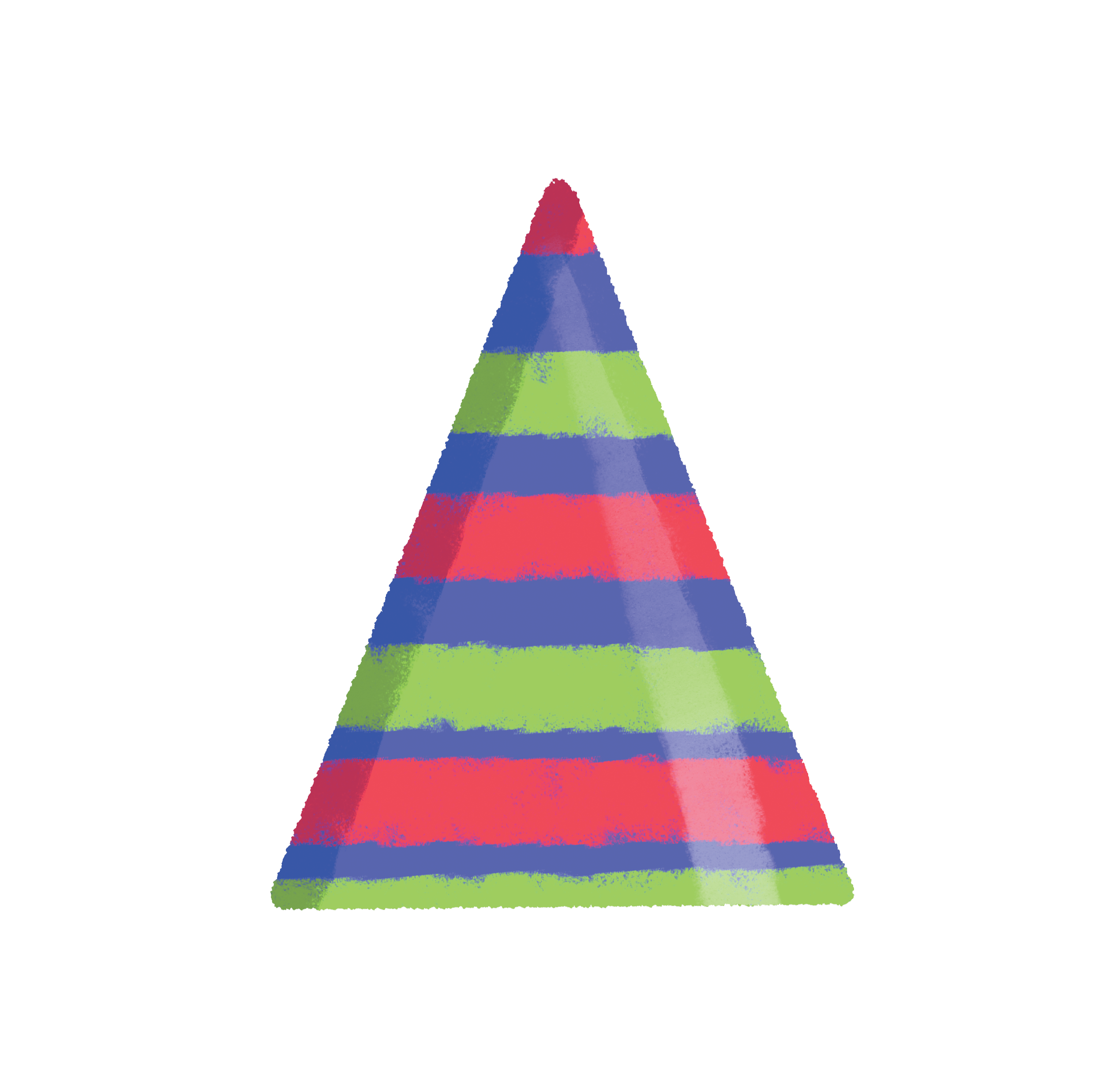 Chapéu de festa triangular com listras coloridas em vermelho, azul e verde.