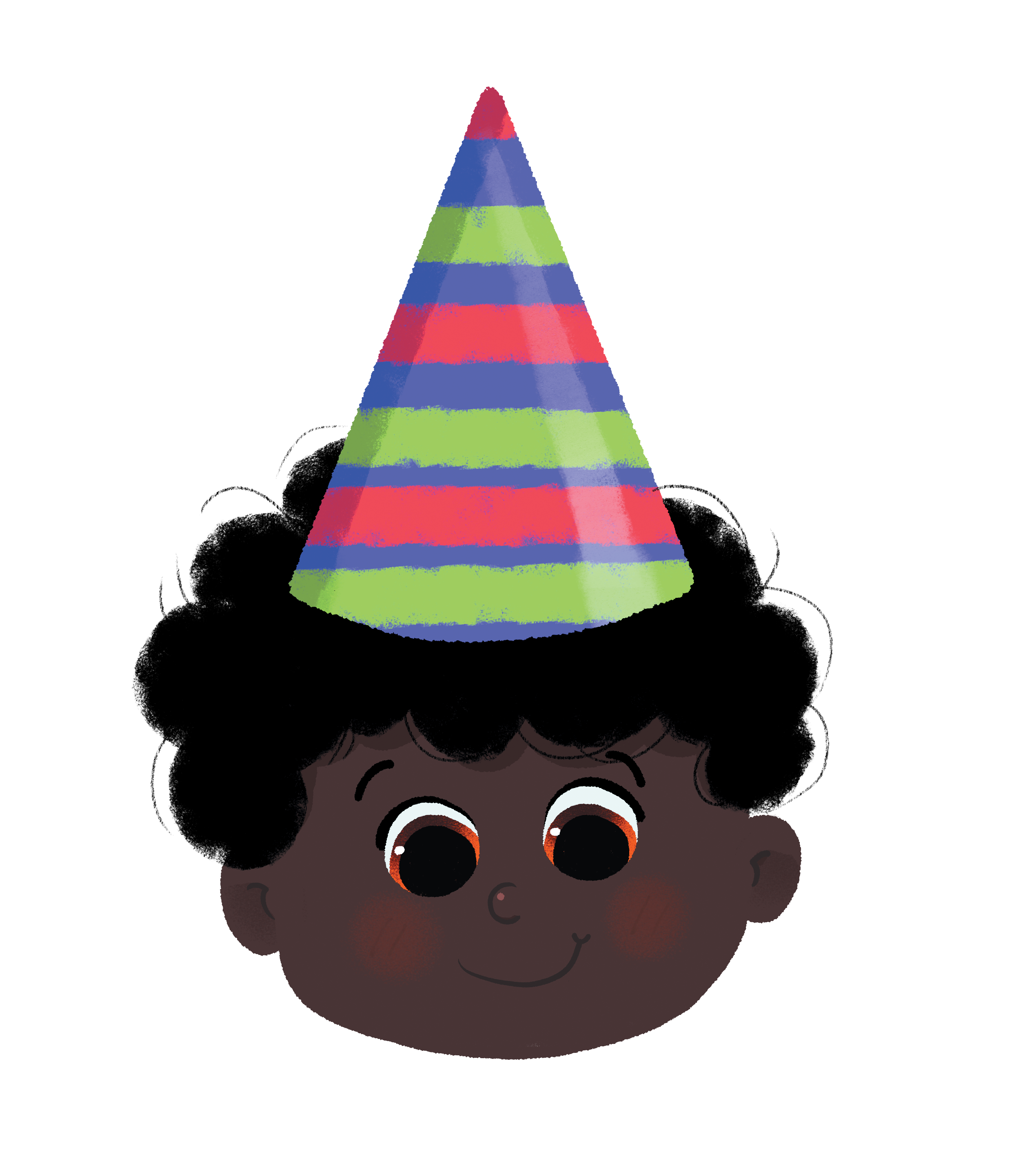 Menino negro sorridente usando chapéu de festa listrado e colorido.