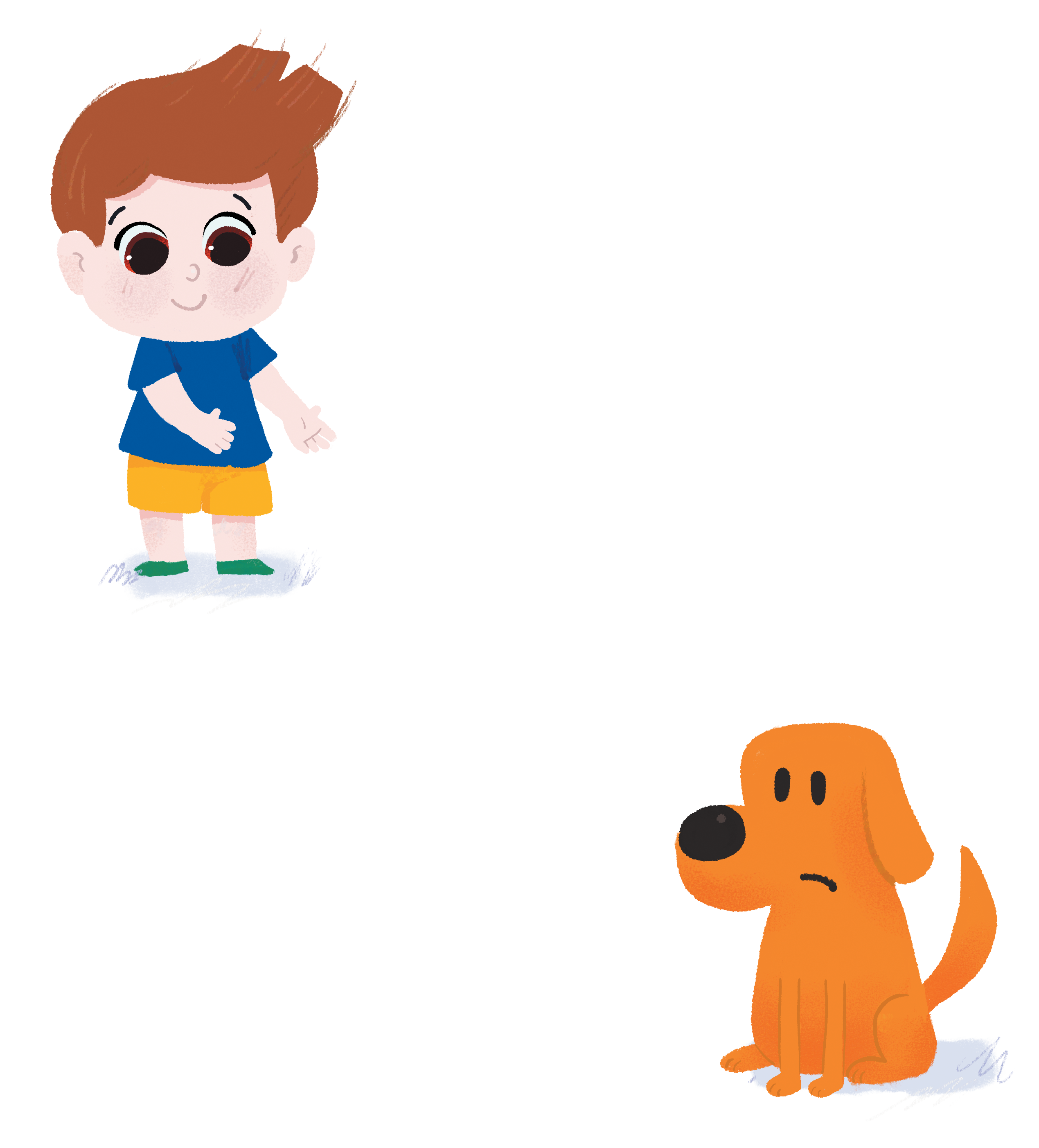 Menino sorridente de cabelo castanho, camiseta azul e shorts amarelos, ao lado de um cachorro laranja com expressão triste.