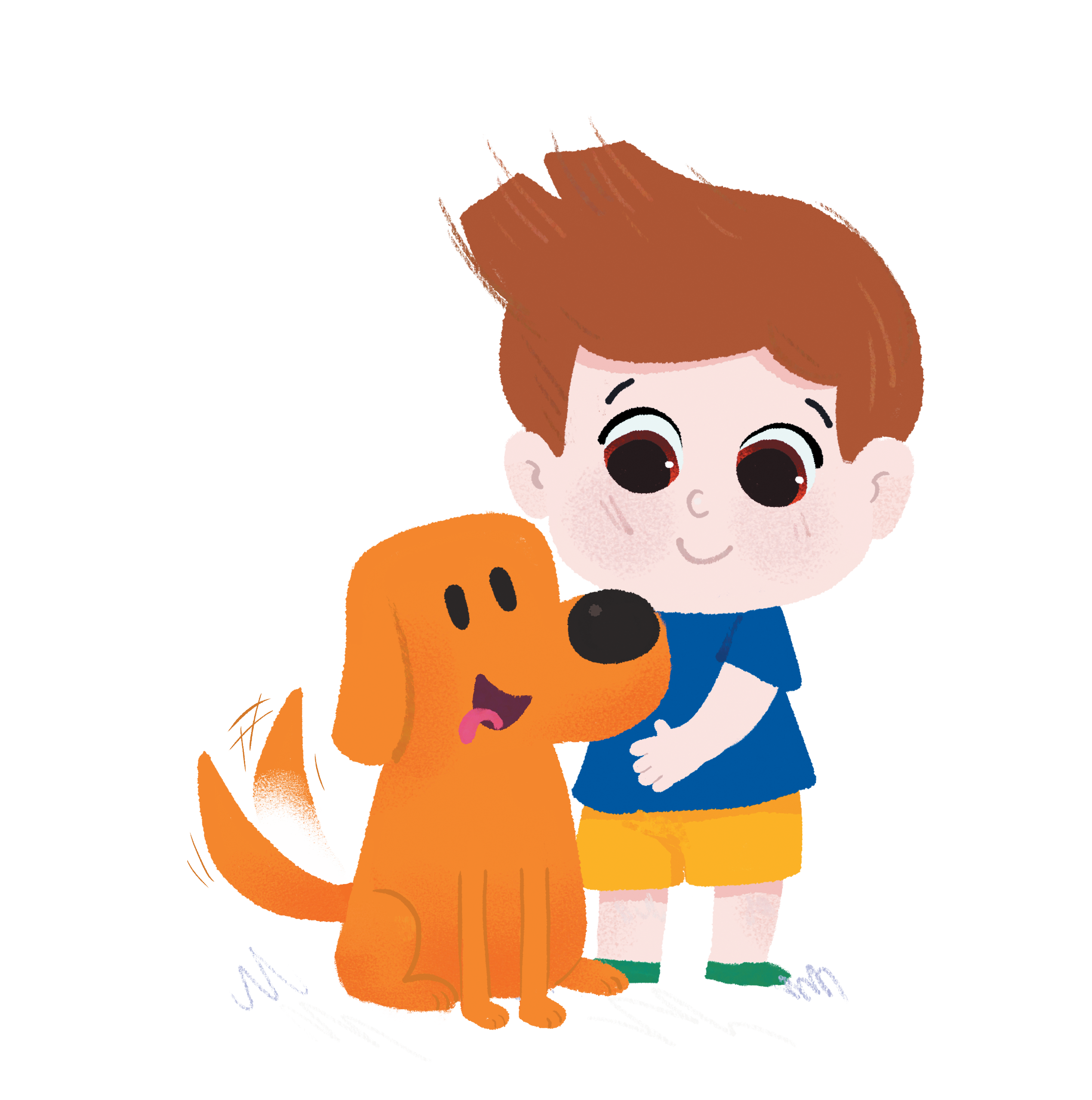 Menino abraçando carinhosamente um cachorro laranja feliz e abanando o rabo. Ambos bem contentes.