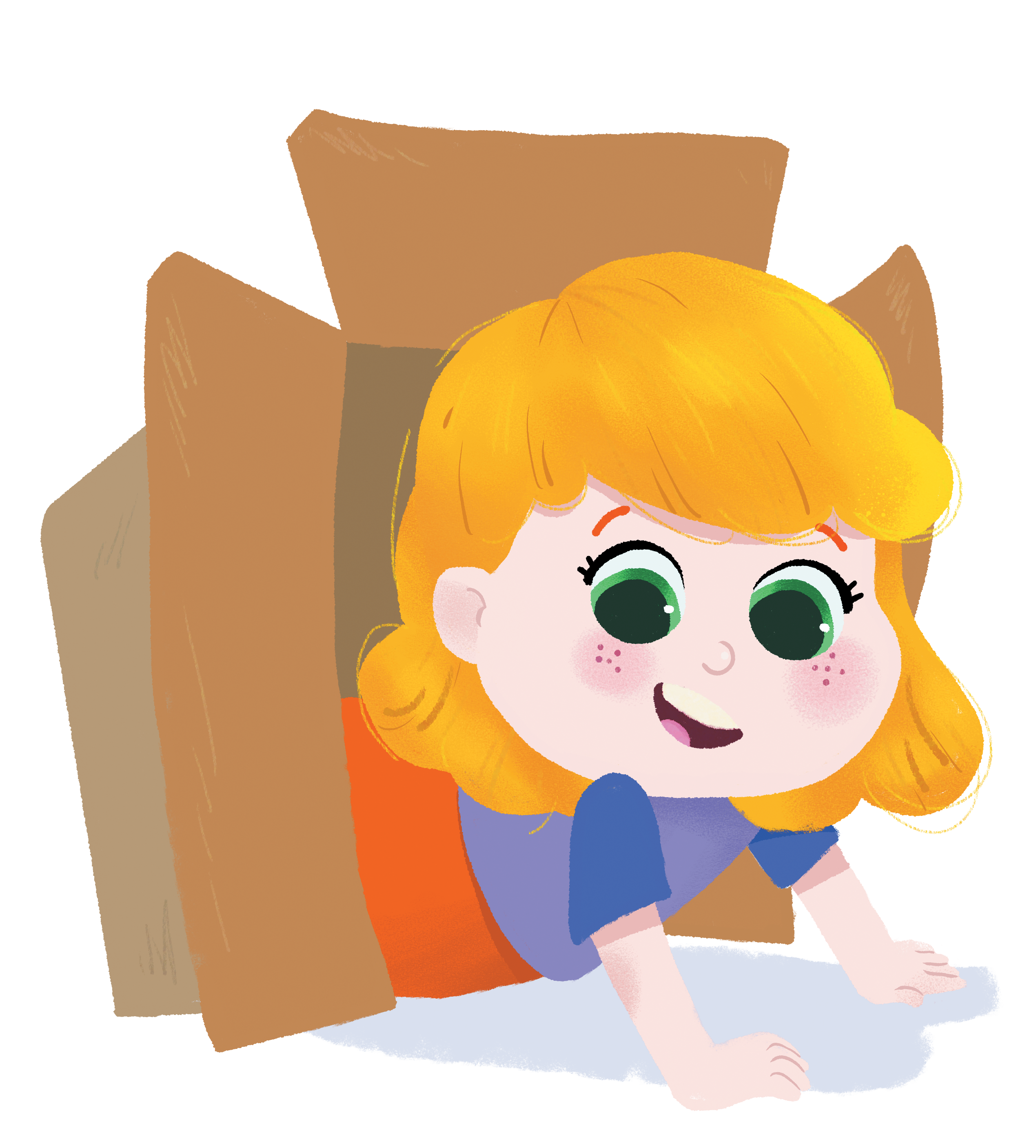 Menina loira animada brincando dentro de uma caixa de papelão grande, com expressão de surpresa e alegria.