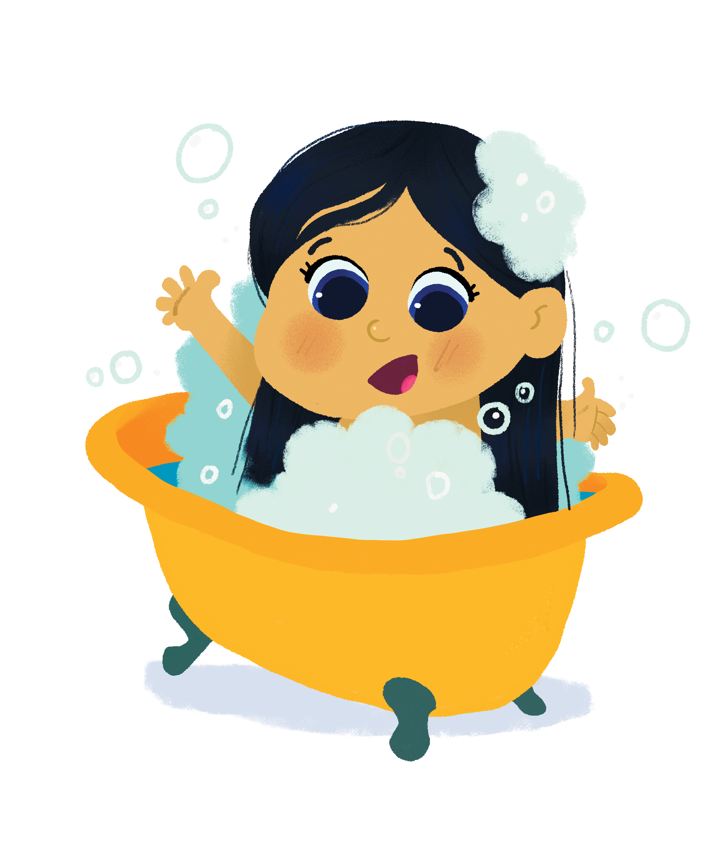 Menina de cabelo preto tomando banho animadamente em banheira amarela cheia de espuma e bolhas.