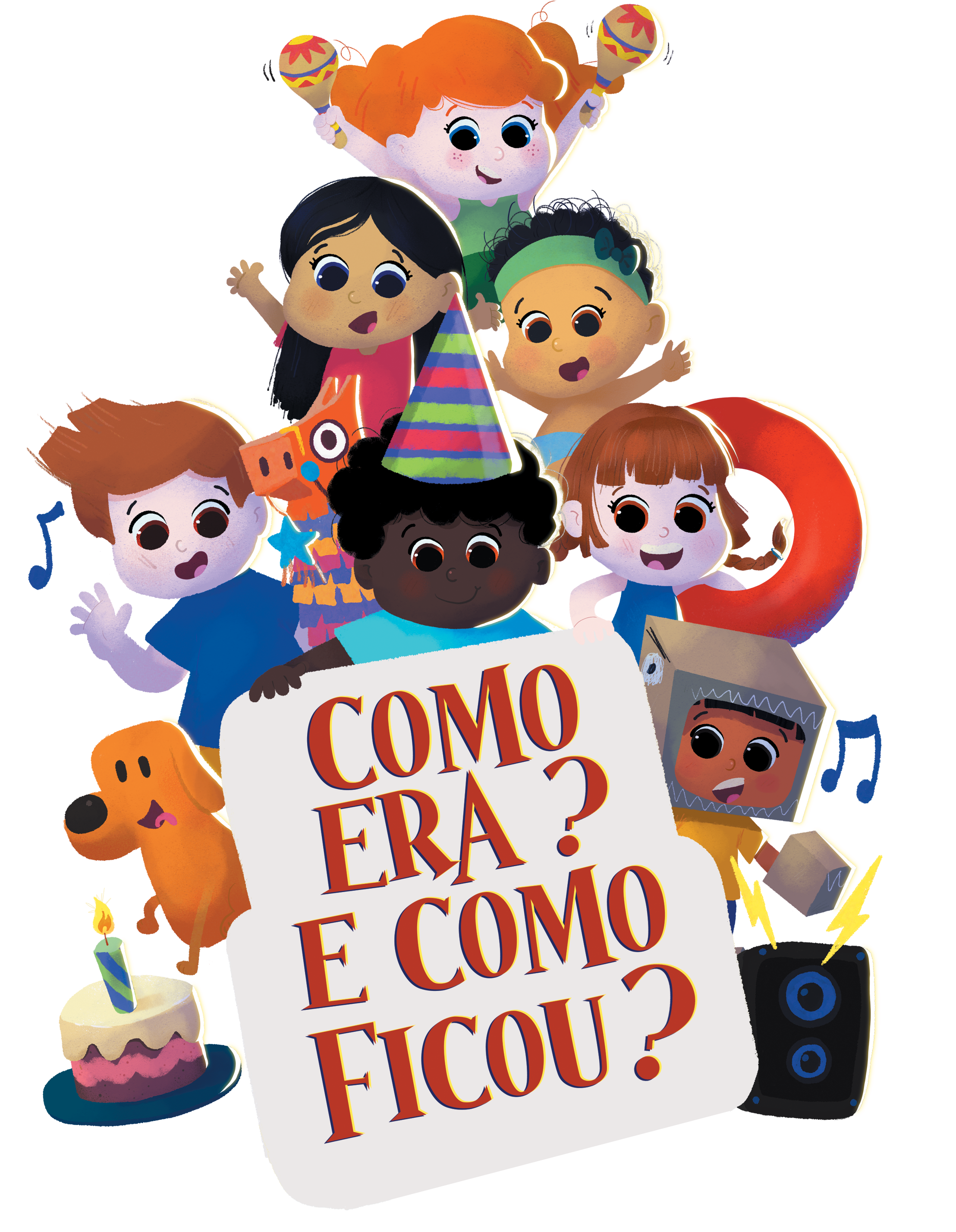 Segunda capa do livro infantil 'Coisas que fazem coisas' das autoras Eunice Siebra e Regiana Nepomuceno, ilustrado por Karlson Gracie, publicado pela Editora Livro Ideal. A capa apresenta o título em letras vermelhas grandes e seis personagens infantis diversos ao redor das letras, incluindo crianças negras e brancas em diferentes poses. Há uma caixa marrom no centro inferior da imagem. O fundo mostra um céu azul com nuvens brancas e uma área verde representando grama.